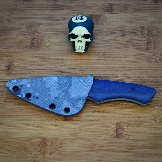 Blue denim micarta Broken Biscuit Carving Knife kydex sheath